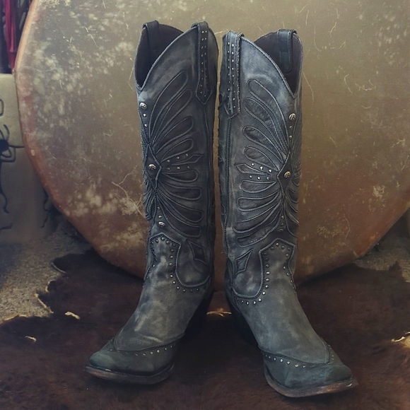 LIBERTY Black LB711510 tall "Graffito Vintage" distressed cowgirl boots sz 8.5 - Picture 9 of 16